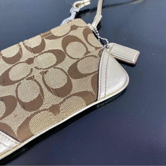 Coach Signature Canvas Leather Wristlet Bag Beige Gold - Picture 5 of 9